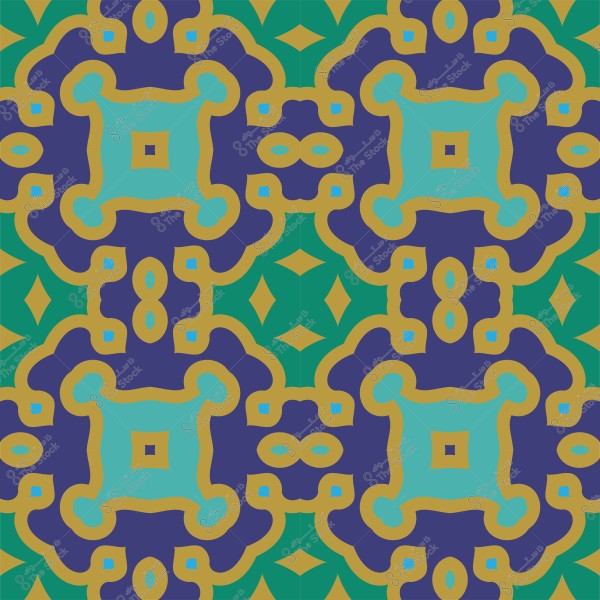 نمط زخرفي ملون يتميز بتصميمات هندسية متكررة بألوان الأزرق والأخضر والأصفر.