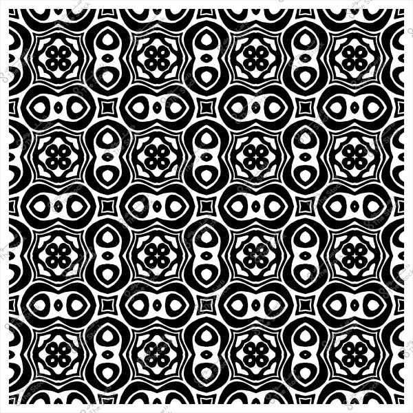 Black and white geometric pattern featuring repetitive circular and decorative shapes.
