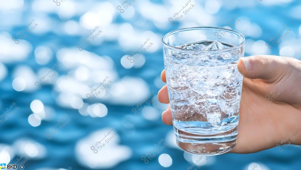 A hand holding a glass cup filled with water and ice cubes, with a blurred blue background representing sparkling water.