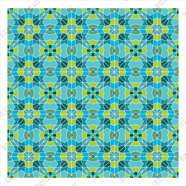 تصميم هندسي بزخارف إسلامية تجريدية بألوان زرقاء وخضراء.