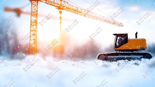 A snowy construction site scene featuring a large orange crane in the background with a soft sunlight glow. In the foreground, an orange excavator operates in the snow, with a worker inside wearing a safety helmet.