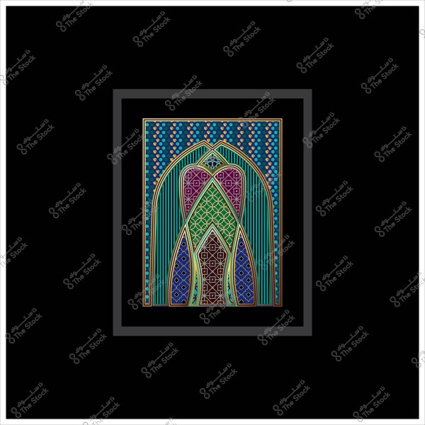 لوحة فنية تحتوي على تصميم هندسي معقد ومزخرف بألوان متداخلة من الأزرق والبنفسجي والأخضر والذهبي, محاطة بإطار أسود.