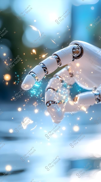 The image shows a futuristic robotic hand with a sleek white metallic design and shiny silver joints, touching glowing particles that emit blue and golden lights. The background is blurred with blue and green tones, adding a sense of vibrancy and modernity.