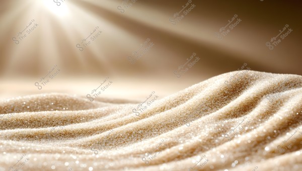 Image of a natural scene featuring sand dunes under bright sunlight. The sand is wavy and sparkles brilliantly with the light effect, highlighting the fine details of each grain. The background is slightly blurred, contributing to a serene and warm atmosphere.