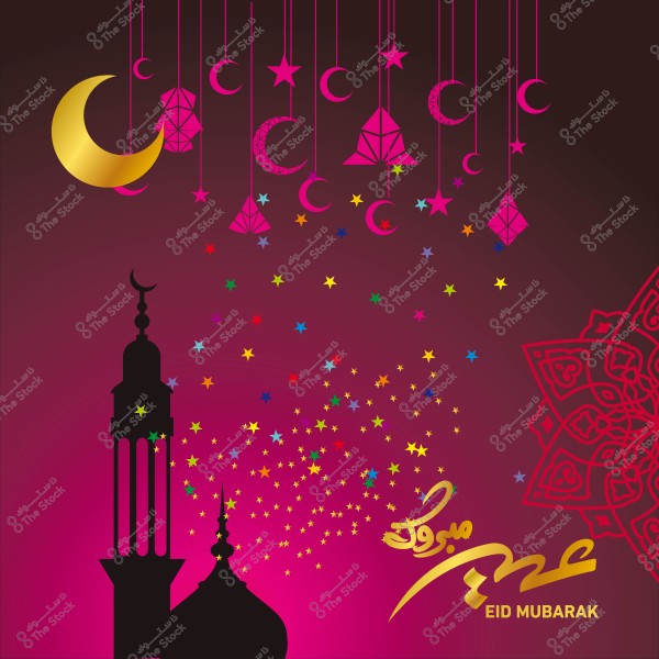تصميم يعبر عن عيد مبارك يحتوي على هلال ونجوم ملونة وتشكيلات هندسية إسلامية مع عبارة \"عيد مبارك\" باللون الذهبي.
