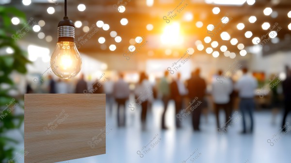 A glowing light bulb hanging from the ceiling in the foreground, illuminated and standing out against a blurred background of a group of people standing in a spacious, well-lit venue. A wooden element is at the bottom left of the image, with a green plant visible on the left edge.