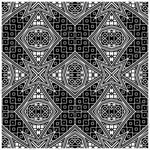 تصميم هندسي بالأبيض والأسود يعكس نمطًا إسلاميًا تقليديًا معقدًا.