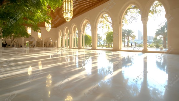 An interior scene shows a hall with a glossy floor reflecting slanted rays of sunlight that pass through arched columns overlooking a garden with palm trees. Large chandeliers hang from the polished wooden ceiling, with greenery outside and a few people walking.