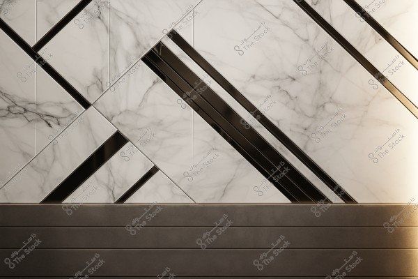 Modern wall design featuring white marble panels accented with intersecting black lines, framed by dark brown marble strips at the bottom. The lines add contrast and a bold pattern to the glossy marble surfaces.