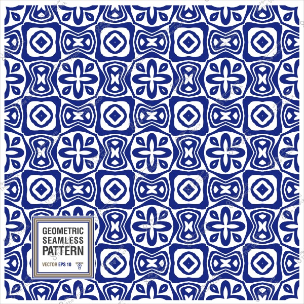 Blue and white geometric seamless pattern with various decorative shapes.