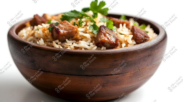 Image of a large wooden bowl containing cooked Basmati rice with well-seasoned chunks of meat. The rice is garnished with fresh parsley, providing an appealing mix of natural colors and textures. The wooden bowl has rich hues with natural gradients, enhancing the aesthetic of the dish.