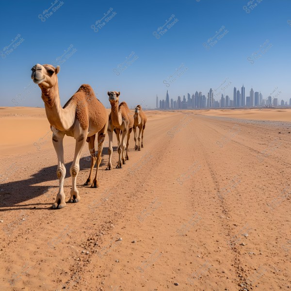 An image showing three camels walking on a long desert road. In the background, a modern city skyline with prominent skyscrapers under a clear blue sky. The road is flanked by vast stretches of yellow sand.