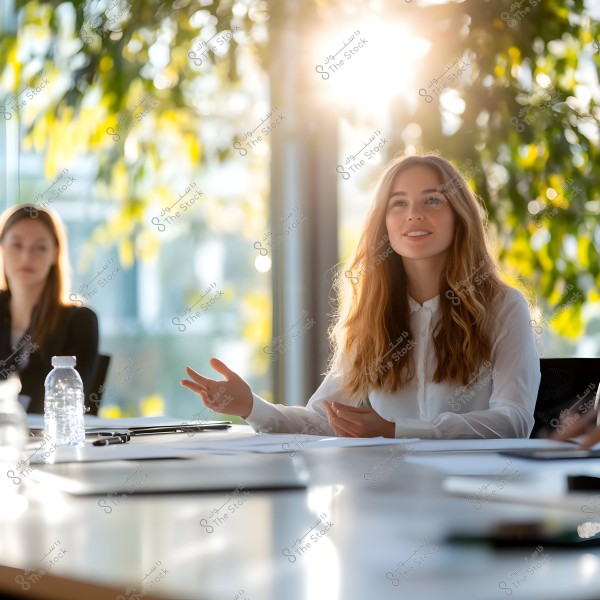 A woman sits in a business meeting, wearing a white shirt and appears to be speaking or presenting. The background features a large window with bright sunlight streaming through, with plants visible outside. A water bottle and notebooks are on the table in front of her. Another person is visible in the background, slightly out of focus, paying attention to the speaker.