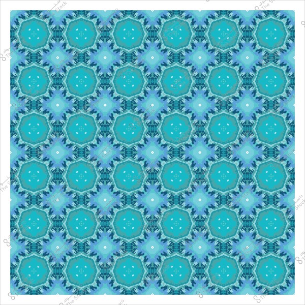 Repetitive geometric pattern with circular shapes and decorations in blue hues.