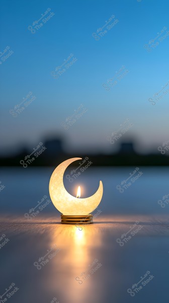 An image showing a crescent-shaped lit candle in the foreground, placed on a reflective surface. The background features a blue sky during dusk, creating a serene and calm atmosphere.