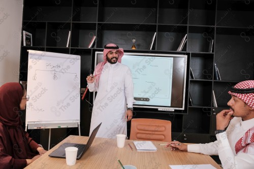 A Saudi man in traditional Saudi dress conducts a business meeting in the boardroom during the day