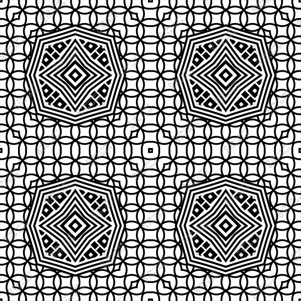 تصميم هندسي أبيض وأسود يحتوي على أشكال ثمانية الأضلاع مع أنماط معقدة ودائرية.