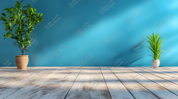 An image of an interior room with light wooden flooring and a blue painted wall. On the left corner, there is a large brown potted plant with dense, long green leaves. On the right, there is another plant in a small white pot with bright, sharp green leaves.