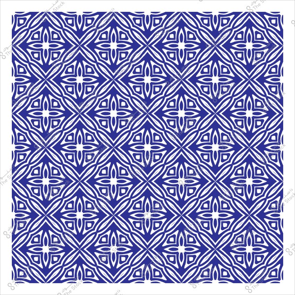 نمط زخرفي هندسي باللونين الأزرق والأبيض يتميز بتصميمات متكررة من الأشكال المتقاطعة والزهور.