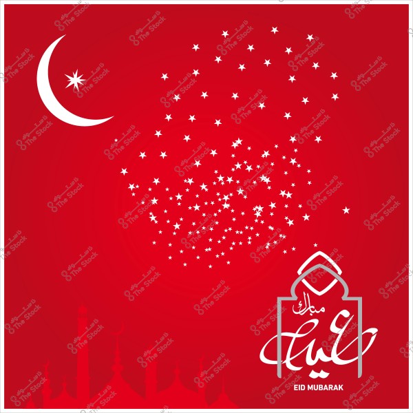 Image featuring a crescent and a white star in the top left corner with scattered small stars on a red background. At the bottom, there is an outline of a mosque and the words \"Eid Mubarak\" in Arabic and English.