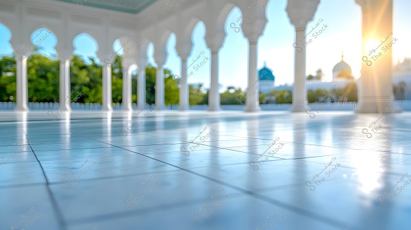 The image shows a hall with white arched columns, and the floor is shiny with blue tiles. The sky is clear blue, and a mosque dome is visible in the background with sun rays filtering through the columns, adding a magical touch to the scene.