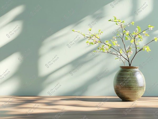 A large, oval-shaped ceramic vase with delicate green branches adorned with small flowers, placed on a wooden surface. The background is a light green with the shadows of leaves and branches reflected on the wall.