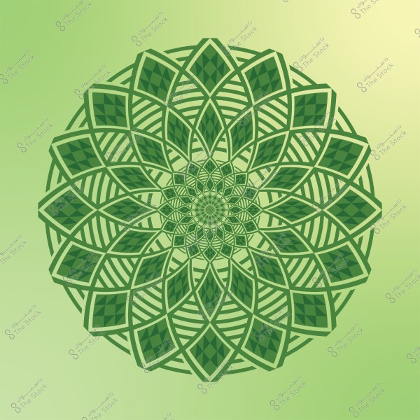 Image of a circular geometric pattern in green, composed of intricate repeated shapes resembling flowers or Islamic mosaics. The background has color gradients ranging from light green to dark green.