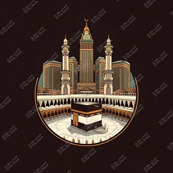 An illustration of the Kaaba in the center of the Masjid al-Haram, Mecca, Saudi Arabia. Surrounding the Kaaba is the open courtyard of the mosque with distinctive Islamic architectural designs. In the background, the tall Clock Towers with their high minarets enhance the magnificent Islamic character of the scene. The dark background highlights the beauty of the design.