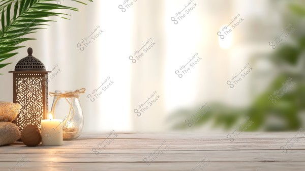 Image showing a metal lantern with oriental patterns on a wooden table, accompanied by a lit candle and a glass jar decorated with rope. Neatly arranged towels and a small wooden ball are beside the items, with green foliage and soft lighting in the background, giving a sense of calmness and serenity.