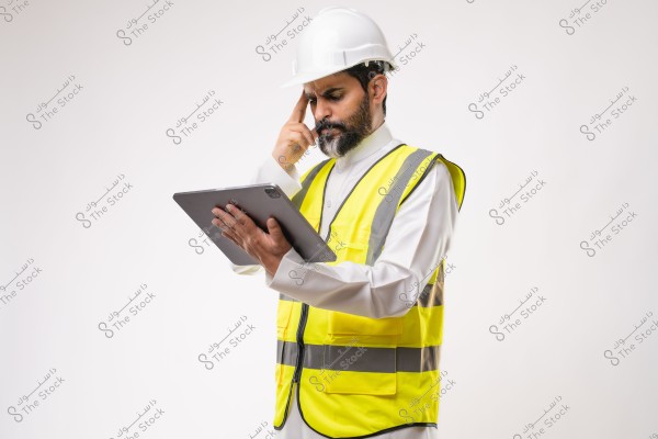 Image of a man who appears to be an engineer or construction supervisor wearing a white safety helmet and a yellow reflective vest. He is standing and holding a tablet in his hand, appearing thoughtful as he touches his head with a finger. He is wearing a white garment which suggests he might be from the Gulf region.