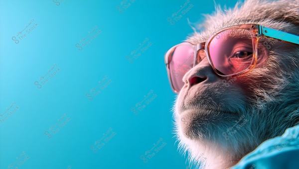 A close-up image of a monkey wearing sunglasses with pink lenses and a transparent frame. The background is light blue, highlighting the details of the face and fur.