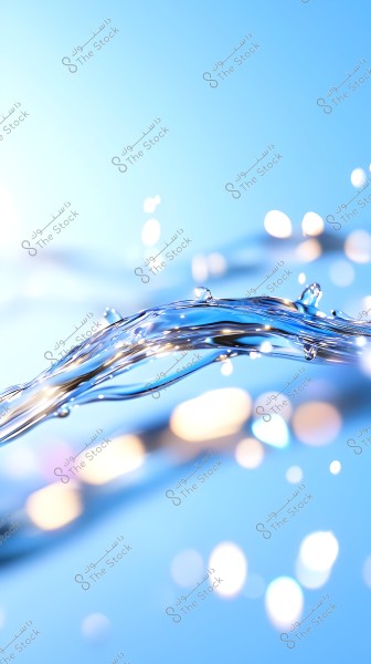 An image depicting the smooth flow of water with a clear and pure appearance against a bright blue background. The droplets sparkle, reflecting light, adding a dynamic beauty and a sense of freshness.