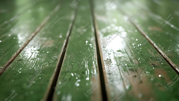 A close-up image of green-painted wooden planks with shimmering water on them. The focus is on the texture of the wet wooden surface with light and shadow play.