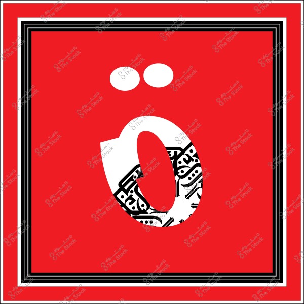 خلفية حمراء تحتوي على حرف "ö" بألوان الأبيض والأسود وفي نهاياته توجد زخارف عربية. الإطار المحيط مزين بخطوط مزدوجة بالأبيض والأسود.

-