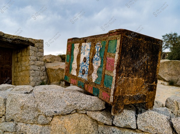 An image of a colorful wooden structure placed on a stone wall in a rustic or traditional setting. The structure features a colorful design with squares and wavy patterns in blue, white, pink, and green. The background shows a cloudy sky with trees and rocky shadows around the wall.