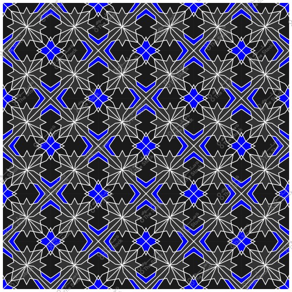 نمط هندسي إسلامي بأسلوب الأرابيسك, مكون من تصميمات متداخلة باللونين الأسود والأزرق مع خطوط بيضاء.