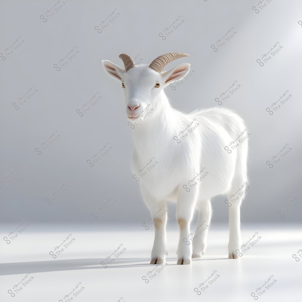 An image of a white goat with prominent horns standing in a brightly lit setting with a white-gray background, creating a soft and tranquil atmosphere.