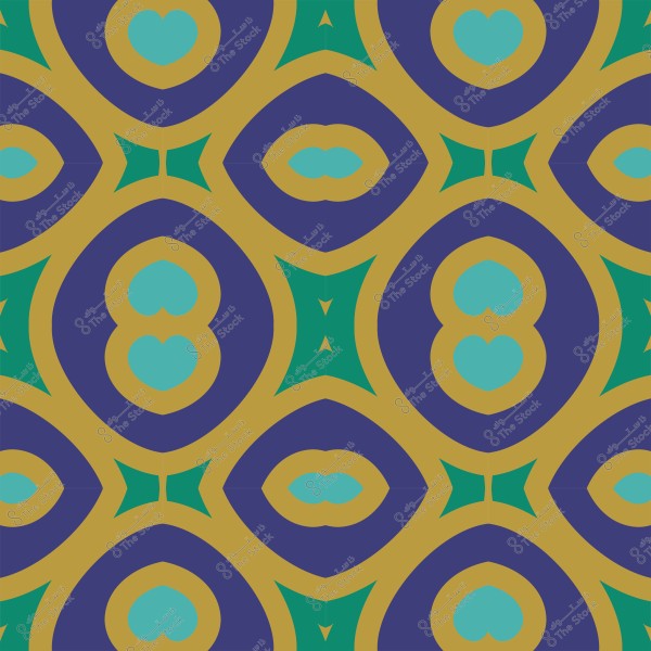 نمط هندسي ملون يحتوي على أشكال بيضاوية وعناصر تشبه القلوب بألوان الأزرق والأخضر والذهبي.