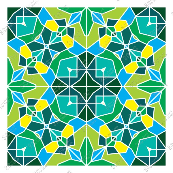 تصميم هندسي إسلامي يتسم بأنماط متشابكة باللونين الأزرق والأخضر مع تفاصيل باللون الأصفر والأبيض.