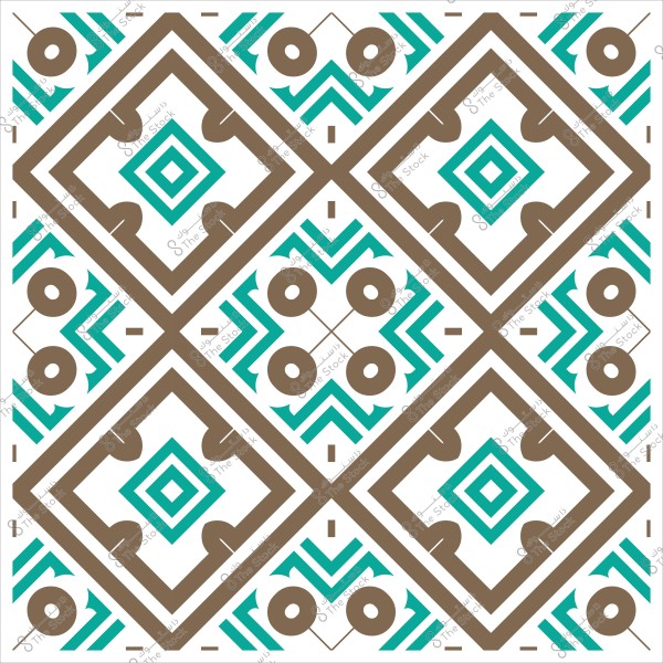 نمط هندسي متماثل بأشكال ماسية وزخارف بألوان البني والأزرق الفيروزي.