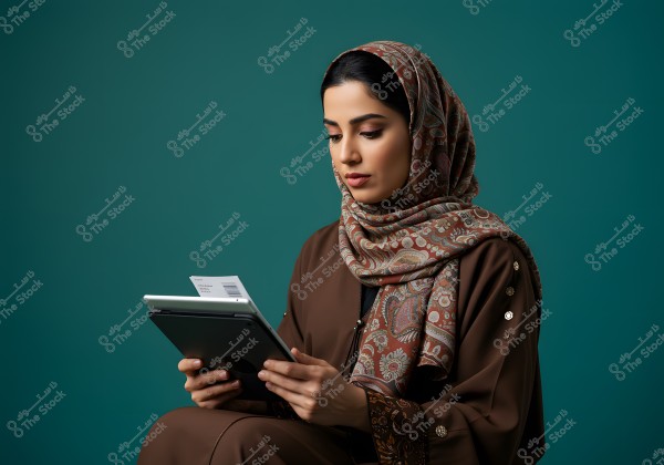 A woman in a brown robe with a floral-patterned headscarf, holding a tablet and a document. The dark green background contrasts with her traditional attire.