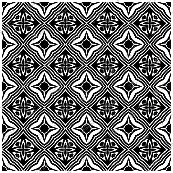 نمط زخرفي متماثل بالأبيض والأسود بأشكال هندسية ونجوم متقاطعة.