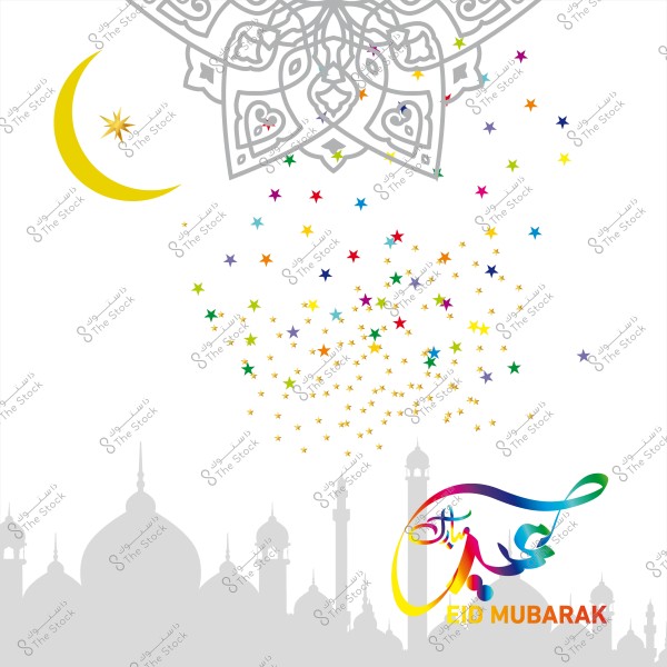 تصميم يهنئ بعيد مبارك يحتوي على هلال وزخرفة إسلامية ونجوم ملونة وخط أفق مسجد.