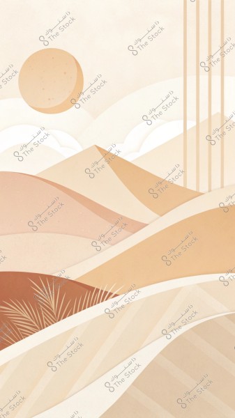 توضح الصورة مشهداً فنياً لمنظر طبيعي صحراوي بسيط. تحتوي الصورة على تلال ورمال بتدرجات اللون البني والبيج. في السماء, يظهر قرص الشمس بحجم كبير ودائرة كاملة, مع بعض الغيوم البيضاء الناعمة. في الجزء السفلي الأيسر, توجد أوراق نخيل بأسلوب مرسوم. التصميم العام يتميز بالنمط التجريدي والخطوط النظيفة.