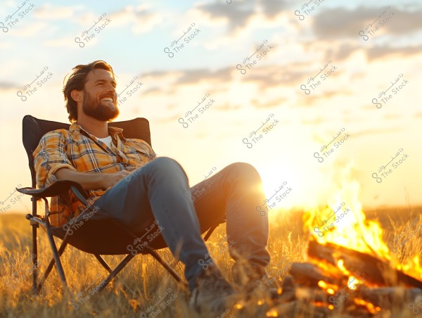 A man sitting on a folding chair in a grassy field at sunset. He appears relaxed, wearing a yellow and orange plaid shirt with jeans. In front of him, there is a campfire blazing. The scene reflects a sense of tranquility and outdoor relaxation.