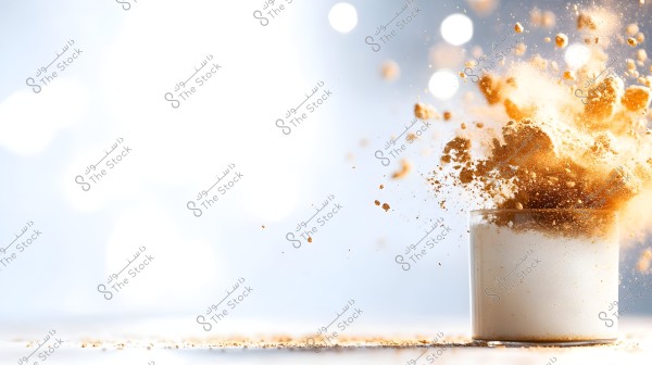 A transparent glass cup filled with white liquid, with brown powder scattering in the air above the cup. The background is blurred with bright lights, creating a dynamic and lively effect.