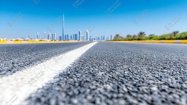 Image of a paved road in the foreground with a continuous white line in the center, stretching towards the horizon where the skyline of Dubai is visible, including several skyscrapers and the iconic Burj Khalifa. The sky is clear and blue, with some trees and greenery on the sides of the road.