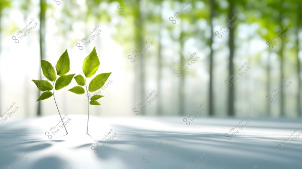 Two small plants growing from the ground, each with several small green leaves. The background features a group of trees with blurred details. The image conveys a peaceful natural and environmental setting.