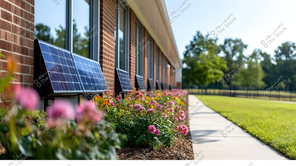 An image showing a row of solar panels mounted on a brick wall, surrounded by a garden filled with pink flowers. In the background, there is a narrow pathway and a green area with trees.