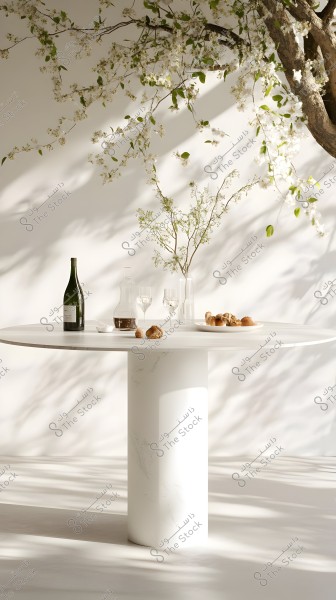 An image of a round white table with a green bottle and a transparent vase holding a branch with green leaves. On the table, there are clear glass goblets and white plates containing pieces of bread. The background is white with floral patterns from tree branches and light and shadow play.